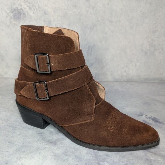 Anthropologie Double Buckle Suede Western Ankle Boots in Chocolate Brown Size 11 - Picture 1 of 8